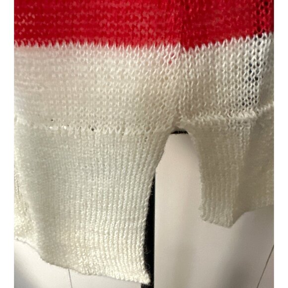 French Chic Sweater Lucky Brand Med Red White Preppy Coastal Granny Semi Sheer - Picture 4 of 7